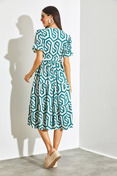 SHADE Kadın Kruvaze Yaka Beli Lastikli Kuşaklı Kloş Elbise