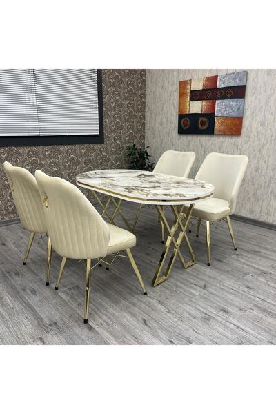 BY ORHAN GÜZEL Mutfak Masa Sandalye Takımı Karnel 80-140 Oval Gold Beyaz Merm...