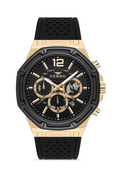 FERRO Black Quartz Silicone 44mm Men's Wristwatch - Active Functions