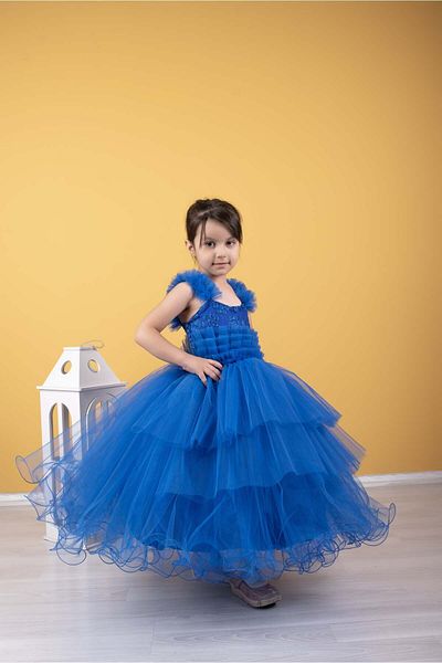 FR Shop F&r Shop Girl's Fluffy-scrawling Blue Evening Dress Wedding Dress Wedding Dress Flower Embroidered
