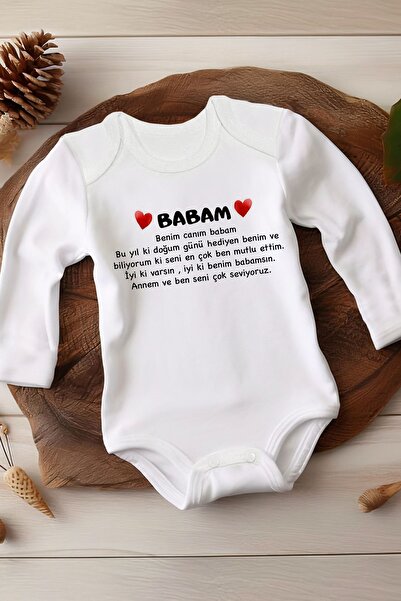 Homamia Özel Tasarım Babam Yazılı Beyaz Uzun Kollu Bebek Body %100 Organik Pamuk