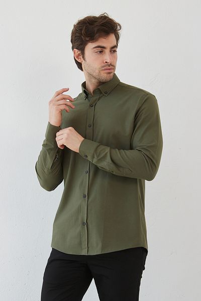 RAVANELLI Cămașă pentru bărbați - kaki închis, slimfit, bumbac, guler Oxfort Lycra, cu nasturi, mânecă lungă G490