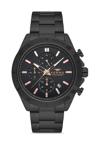 FERRO 44 mm Quartz Steel Men's Black Wrist Watch - Active Functions