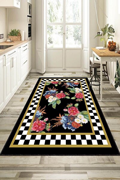 RugViva Kaymaz Tabanlı Çiçekli Modern Mutfak Halısı Ar376