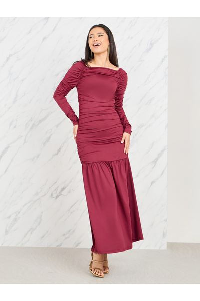 Styli Ruched Wide Square Neck A-Line Maxi Dress