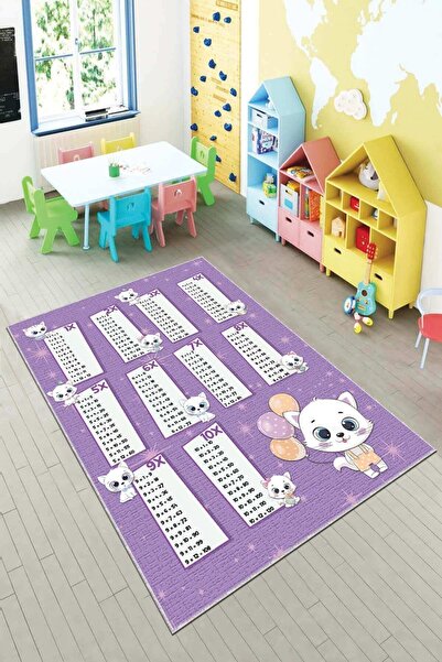 Viva Home Mor Çarpım Tablolu Makinede Yıkanabilir Kaymaz Tabanlı Çocuk Halısı