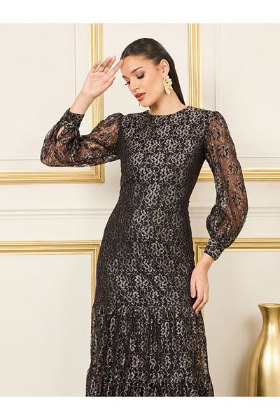 Styli Foil Print Mesh Insert Tiered Midi Dress