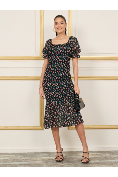 Styli Ditsy Print Smocked Detail Mermaid Hem Midi Dress