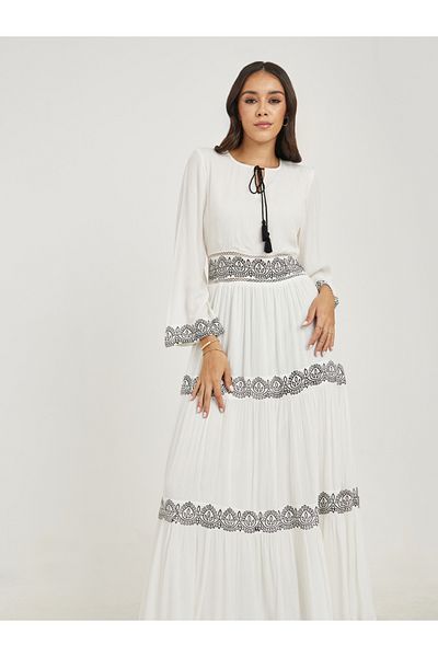Styli Contrast Print Tie-Up Neck Tiered Maxi Dress