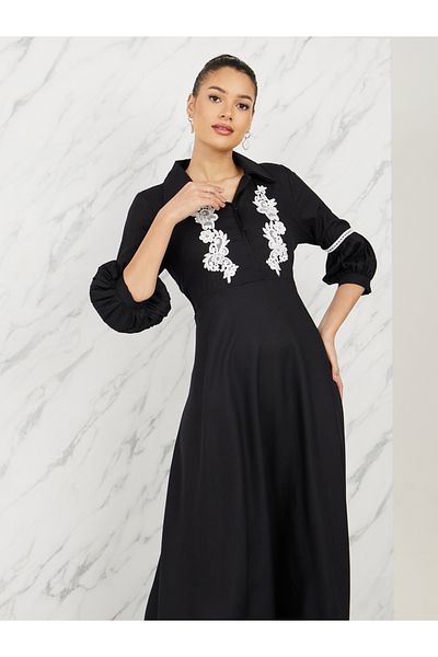 Styli Floral Embroidered Lace Ladder Detail Collared Midi Dress
