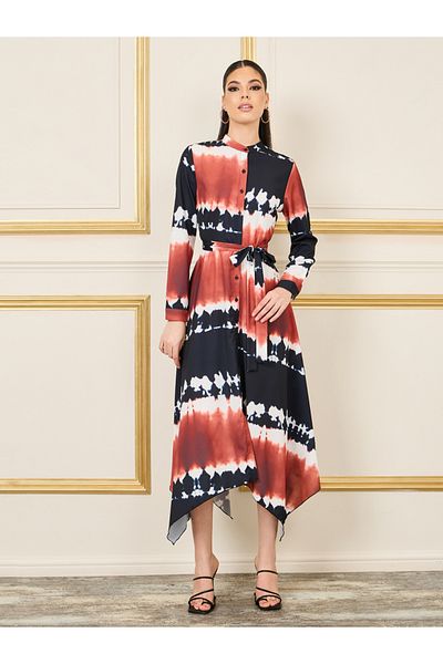 Styli Tie and Dye Print Handkerchief Hem Shirt Midi Dress