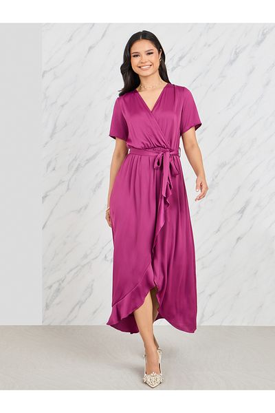 Styli Ruffle Asymmetric Hem Wrap Midi Dress