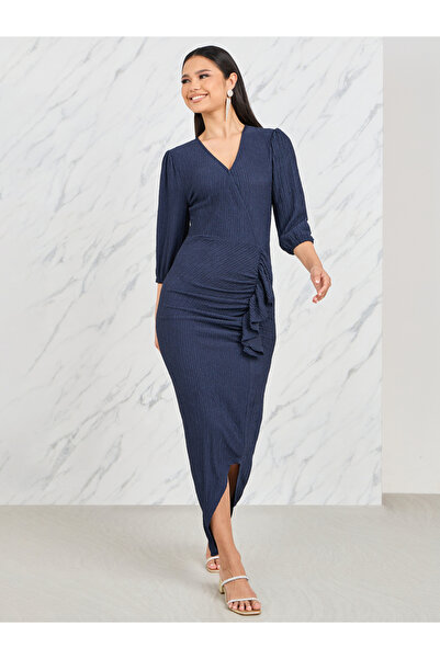 Styli Textured Ruffle Detail Bodycon Maxi Dress