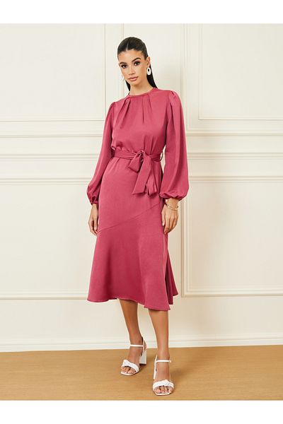 Styli Box Pleat Detail Neck Self Tie Up A-Line Midi Dress