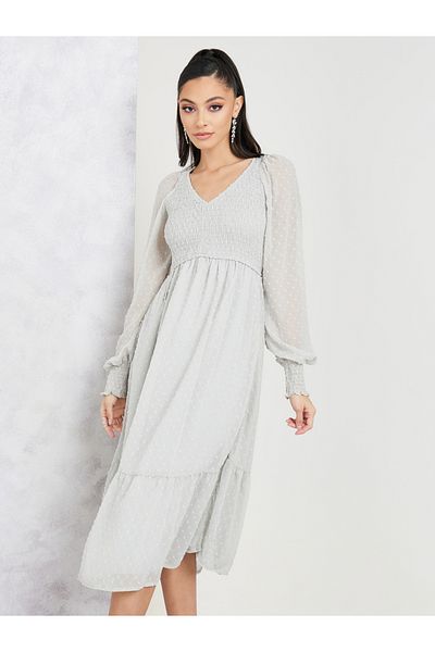 Styli Dobby Smocked A-Line Midi Dress with Cuff Sleeves