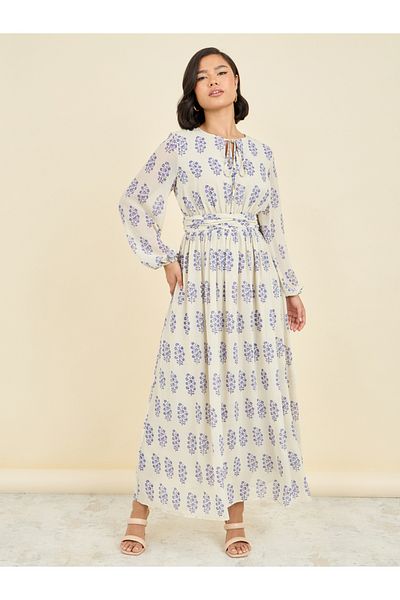 Styli Floral Print Tie Up Neck A-Line Maxi Dress