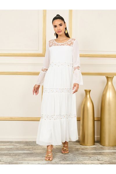 Styli Floral Print Mesh Panel Tiered Maxi Dress