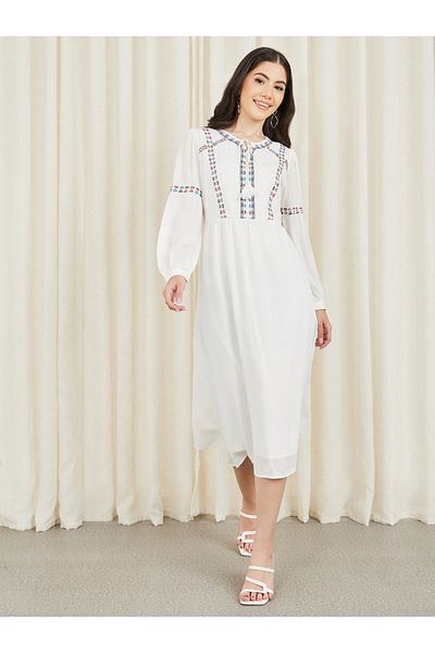 Styli Embroidered Tie Up Neck A-Line Midi Dress