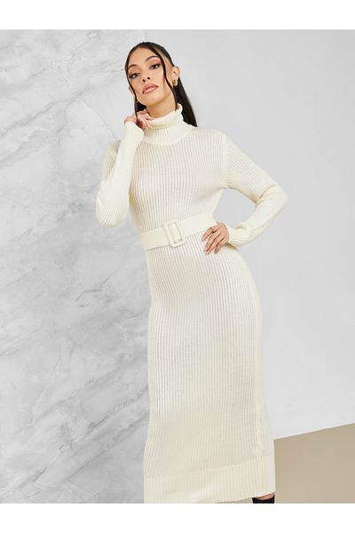 Styli Ribbed Turtle Neck Belted Sweater Bodycon Midi Dress