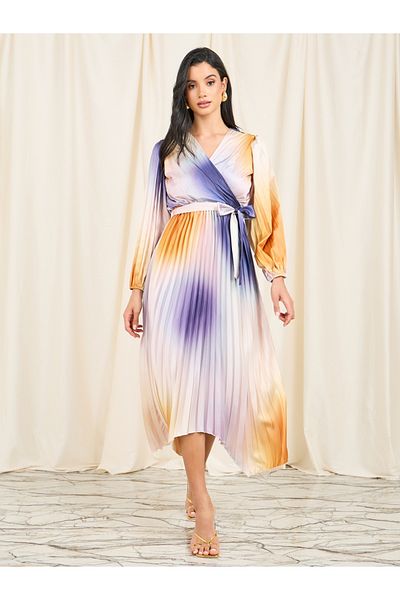 Styli Satin Tie and Dye Print Pleated A-Line Midi Dress with Self Tie Up