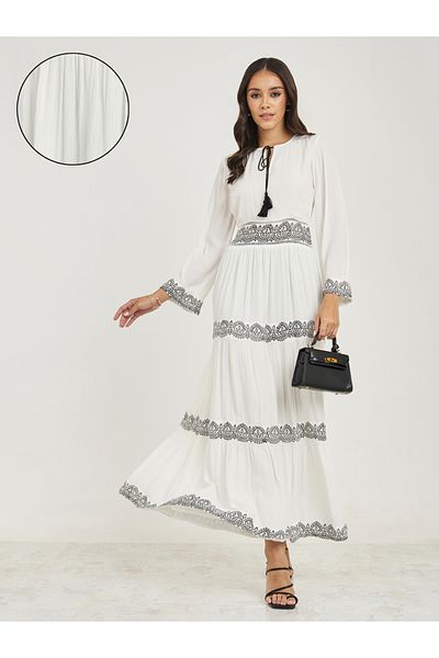 Styli Contrast Print Tie-Up Neck Tiered Maxi Dress