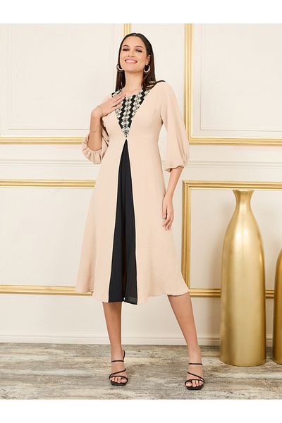 Styli Embroidered Colorblock A-Line Midi Dress