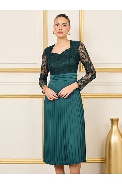 Styli Lace Detail Pleated A Line Midi Dress