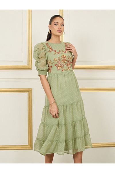 Styli Dobby Embroidered Ruched Detail Sleeves Tiered Midi Dress