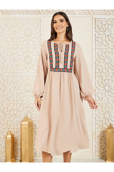 Styli Embroidered Tie Up Neck A-Line Shift Midi Dress