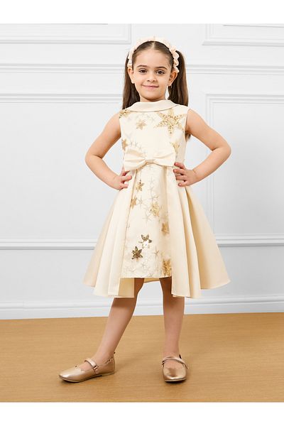 Styli All Over Star Embellished Bow Front Layered Detail Dress