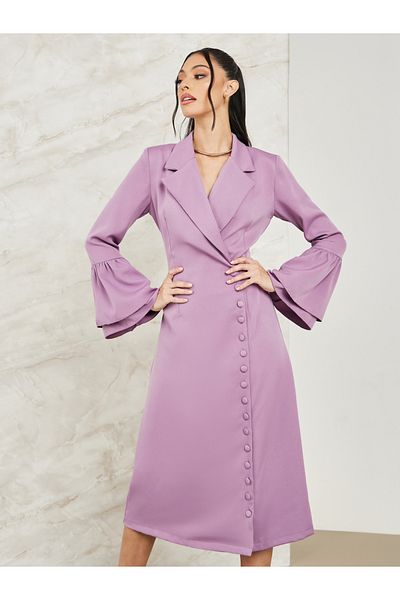 Styli Notch Lapel Blazer Midi Dress with Bell Sleeve