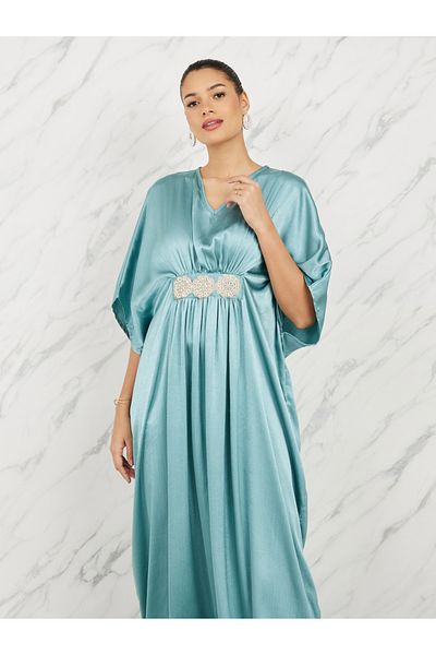 Styli Satin Embellished Waist Kaftan Maxi Dress