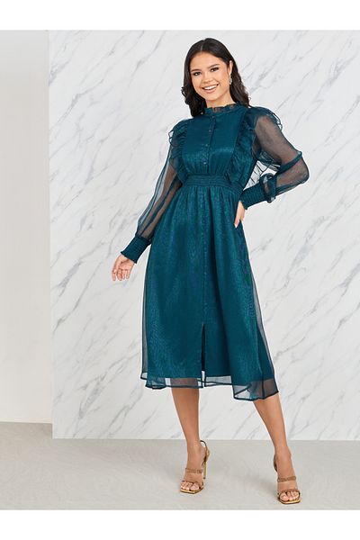 Styli Shiny Organza Frill Detail High Neck A-Line Midi Dress