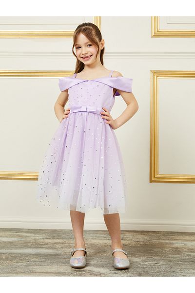 Styli Star Foil Print Cold Shoulder Mesh Insert Skater Dress