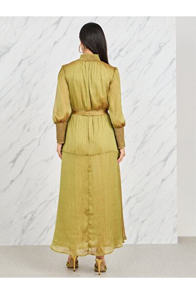 Styli Lurex Striped High Neck Smocked Detail Tiered Maxi Dress