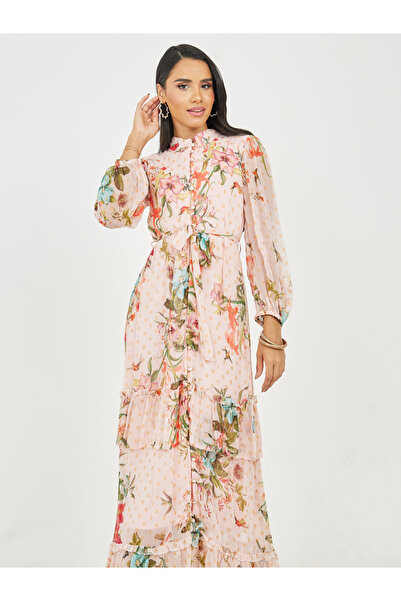 Styli Floral Print Button Loop Closure Tiered Maxi Dress with Self Tie Up