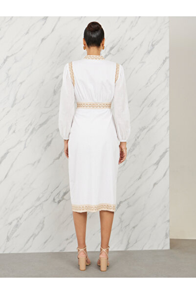 Styli Embroidered Lace Button Loop Closure Midi Dress