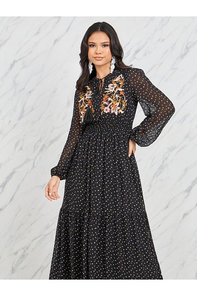 Styli Floral Embroidered Spot Printed Smocked Waist Tiered Maxi Dress