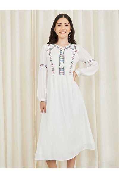 Styli Embroidered Tie Up Neck A-Line Midi Dress