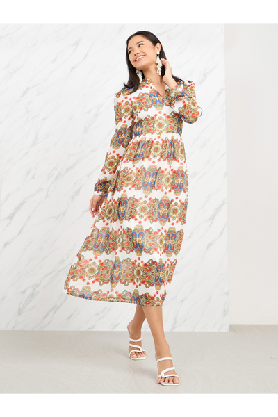 Styli فستان ميدي بتصميم بوهيمي وياقة على شكل حرف A