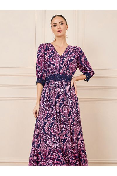 Styli Paisley Print Lace Detail A-Line Maxi Dress