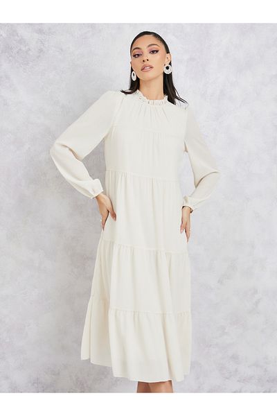 Styli Ruffle High Neck Gathered Detail Tiered Midi Dress