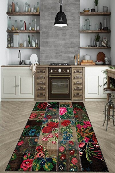 Viva Home Kaymaz Tabanlı Leke Tutmayan Yıkanabilir Patchwork Mutfak Halısı Ar...