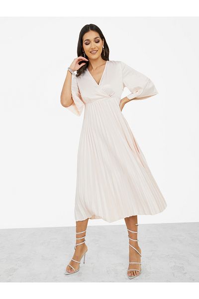 Styli 3/4 Sleeve Satin Pleated A-Line Midi Dress
