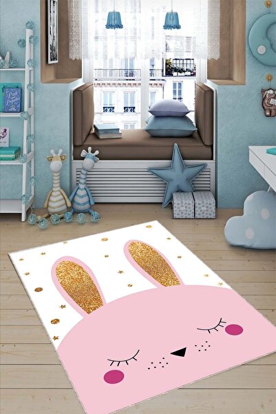 RugViva Kaymaz Tabanlı Makinede Yıkanabilir Tavşanlı Bebek Halısı Ar826