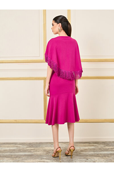 Styli Fringe Trim Cape Layer Mermaid Hem Midi Dress
