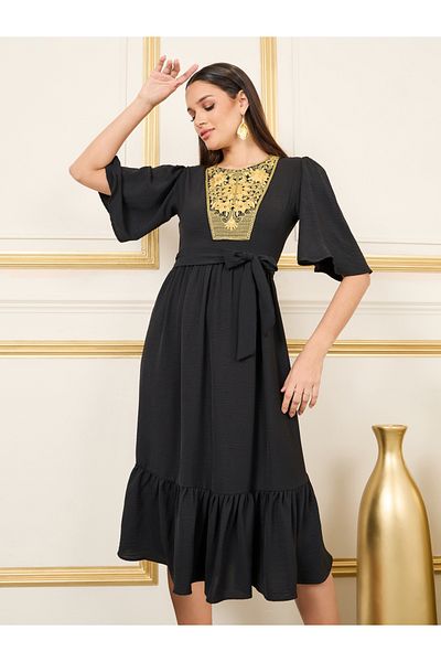 Styli Embroidered 3/4 Sleeve Tiered Midi Dress with Tie Belt