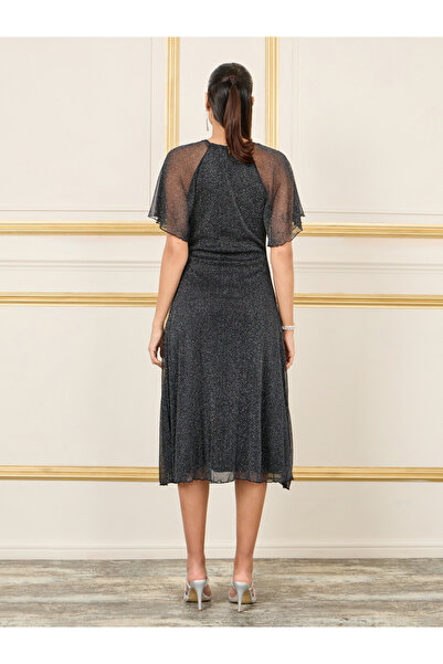 Styli Button Detail Glitter Mesh Sleeves A-Line Midi Dress