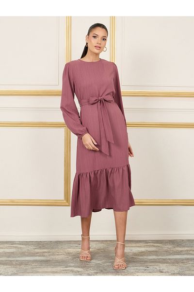 Styli Textured Self Tie Up A-Line Midi Dress