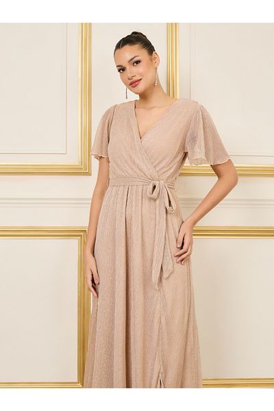 Styli Shiny Plisse A-Line Maxi Dress with Self Tie Up